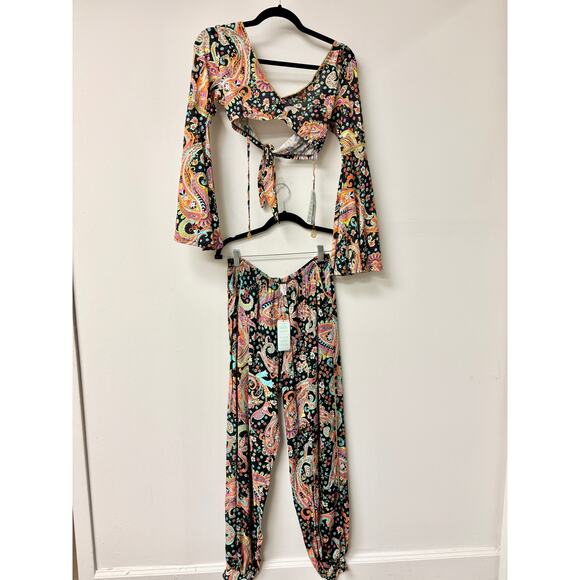 NWT Luli Fama Gypsy Bell Crop Top & Split Side Jogger Pants Set Multi Women M - Picture 3 of 12